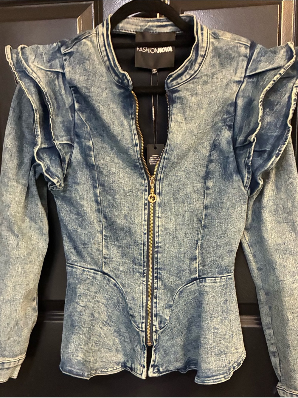 Fashion Nova Washed Blue Ruffle-Shoulder Denim Jacket